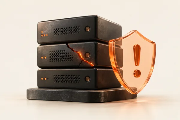 Conceptual illustration of a fractured server stack and a warning shield