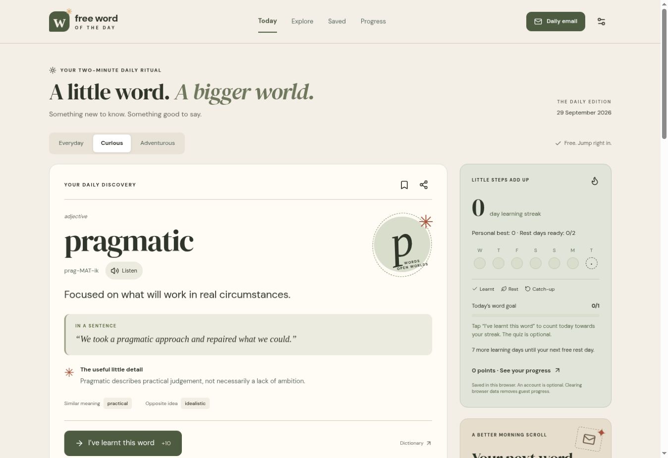 Free Word of the Day website interface